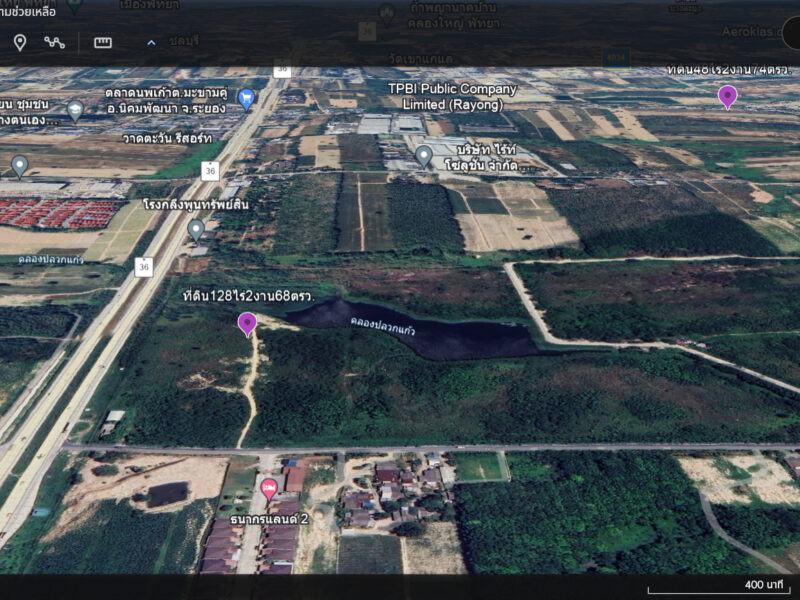 ขายที่ดิน128ไร่2งาน68ตารางวา พื้นที่สีม่วงจุด หน้ากว้าง 506ม. ถนนทางหลวง หมายเลข36 กม.26 ตำบล มะขามคู่ อำเภอนิคมพัฒนา ระยอง