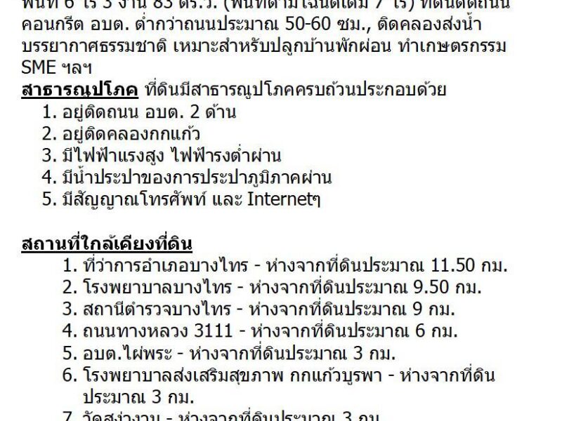 ขายที่ดินเปล่า เนื้อที่ 6 ไร่ 3 งาน 83 ตร.ว. บางไทร พระนครศรีอยุธยา