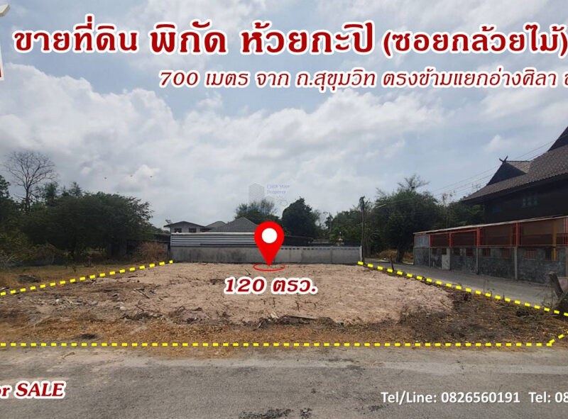 ขาย ที่ดิน ใกล้ถนนสุขุมวิทเพียง700 เมตร แปลงมุม 1 งาน 20 ตร.วา ตรงข้ามแยกอ่างศิลา