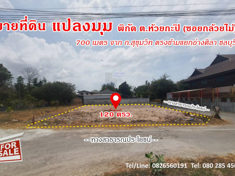 ขาย ที่ดิน ใกล้ถนนสุขุมวิทเพียง700 เมตร แปลงมุม 1 งาน 20 ตร.วา ตรงข้ามแยกอ่างศิลา