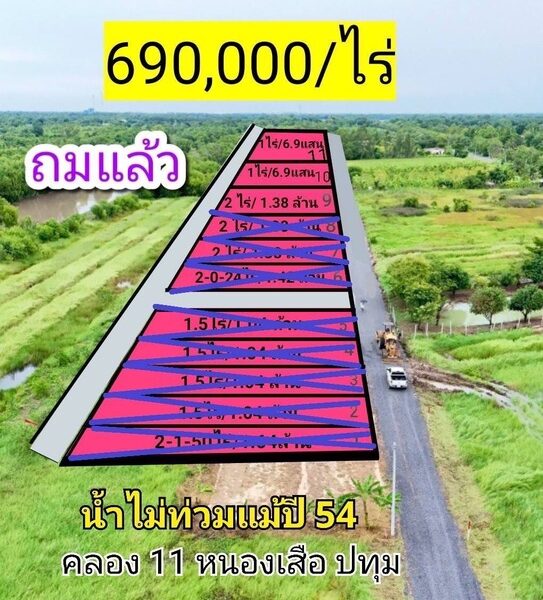 ขายที่ดินถมแล้ว คลอง 11 หนองเสือ 690,000/ไร่ ที่ดินหน้ากว้าง