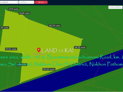 ที่ดิน12ไร่ ถมแล้ว พื้นที่สีเขียว หน้ากว้าง 147ม. ถนน บรมราชชนนี ตำบล ขุนแก้ว อำเภอนครชัยศรี นครปฐม