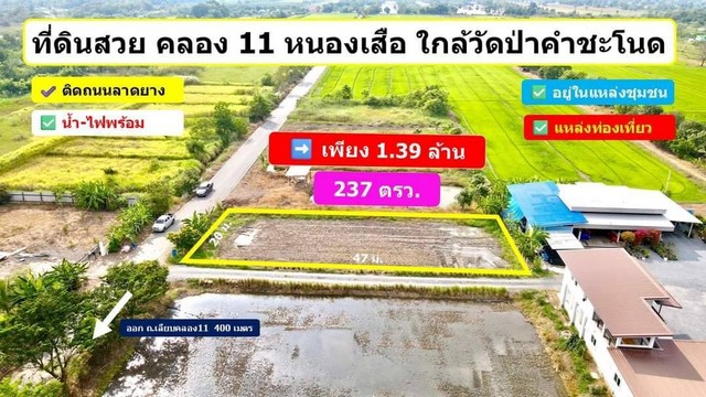 ที่สวย ทำเลดี ติดถนนลาดยาง 237 ตรว. เพียง 1.39 ล้าน คลอง 11 หนองเสือ ปทุมธานี