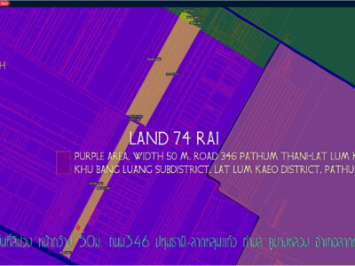 ที่ดิน74ไร่ พื้นที่สีม่วงเข้ม ถมแล้ว 40ไร่ หน้ากว้าง 50ม. ถนน346 ปทุมธานี-ลาดหลุมแก้ว ตำบล คูบางหลวง อำเภอลาดหลุมแก้ว ปทุมธานี