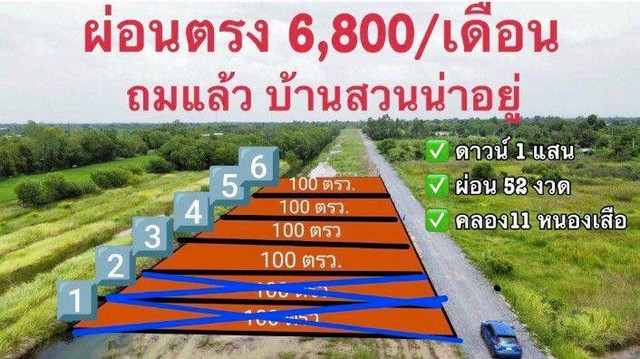 ที่ดินเงินผ่อน คลอง11 หนองเสือ 100ตรว.450,000 ผ่อนนาน52เดือน