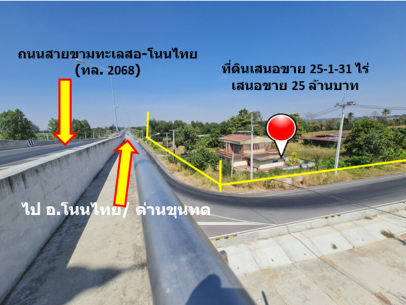 ขาย ที่ดิน ติดถนนสายขามทะเลสอ-โนนไทย ทล.2068 เชื่อมออกทางหลวงพิเศษ M6 ได้ เนื้อที่ 25 ไร่ 1 งาน 31 ตรว ราคายุติธรรม