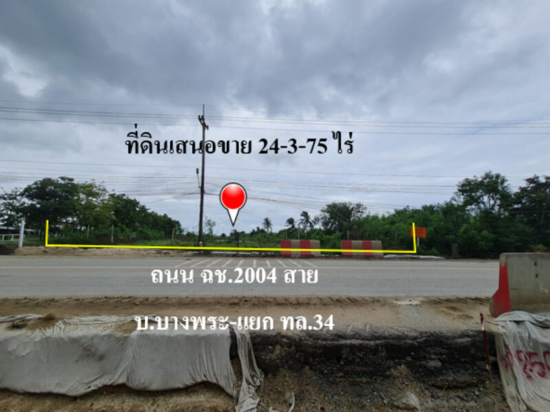 ขาย ที่ดิน ติดถนน ฉช.2004 สาย บ.บางพระ-แยก ทล.34 ทำเลชุมชนการค้า ฉะเชิงเทรา 24 ไร่ 3 งาน 74 ตรว เขตพัฒนาพิเศษ EEC ผังเมืองสีส้มอ่อน