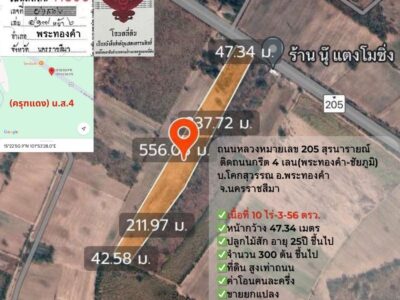 ติดถนนใหญ่ (พระทองคำ-ชัยภูมิ) โคราช 10-3-56 ไร่ ติดถนนหลวง 4 เลน (205) เส้นสุรนารายณ์