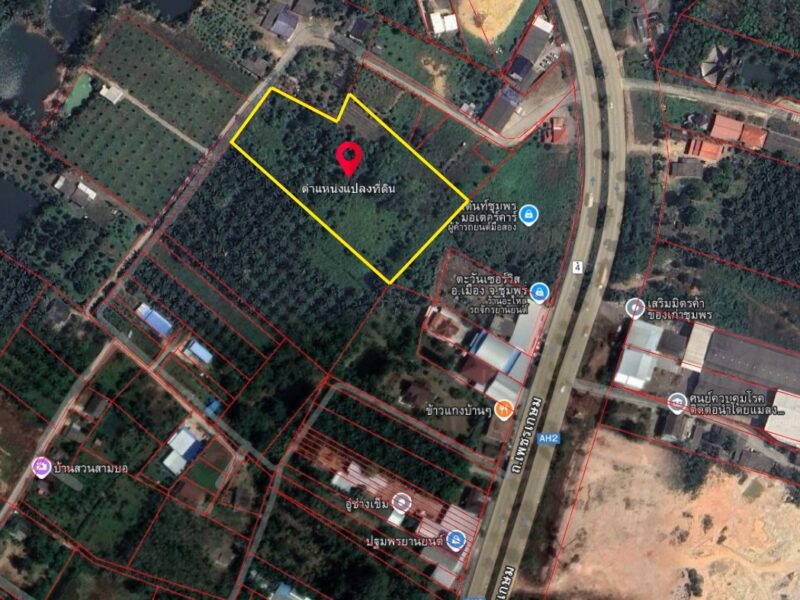 ขายที่ดิน 7 ไร่ เมืองชุมพร ทำเลดี ใกล้ถนนเพชรเกษม ผังเมืองสีชมพู