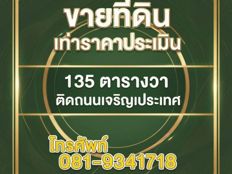ขายที่ดินกลางเมือง เท่าราคาประเมินราชการ ที่ดิน 135 ตร.ว. ติดถนนเจริญประเทศ ช้างคลาน เชียงใหม่