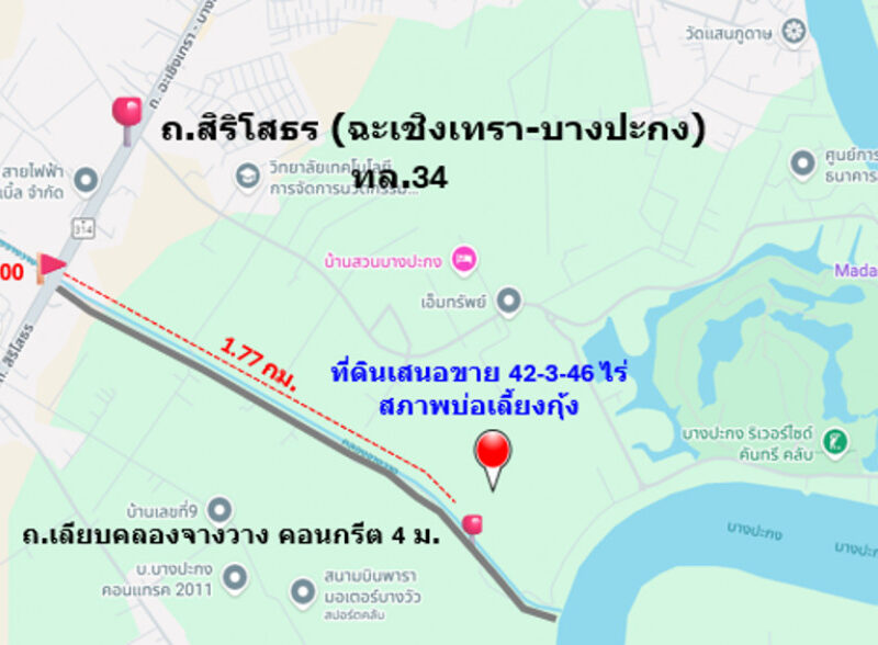 ขาย ที่ดิน ติดถนนเลียบคลองจางวาง ใกล้แม่น้ำฯ อ.บ้านโพธิ์ 42 ไร่ 3 งาน 46 ตรว ติดโครงการบางปะกงริเวอร์ไซด์ พร้อมโอน ฟรีค่าโอน ราคายุติธรรม