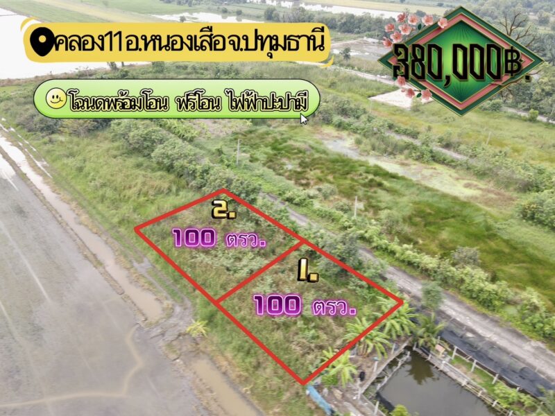 ที่ดินคลอง 11 หนองเสือ ปทุมธานี แปลงเล็กราคาถูก 100 ตรว. เพียง 360,000 บาท