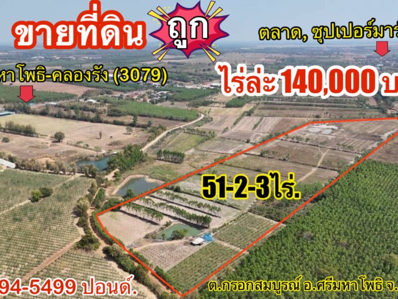 ที่ดินถูกปราจีนบุรี ใกล้เทศบาลกรอกสมบูรณ์ (หลังสนามไดร์ฟกอล์ฟ 304) |ไร่ล่ะ 140,000 บาท ( 51-2-3 ไร่.) ยกแปลง 7.2 ลบ. | ต.กรอกสมบูรณ์ อ.ศรีมหาโพธิ จ.ปราจีนบุรี