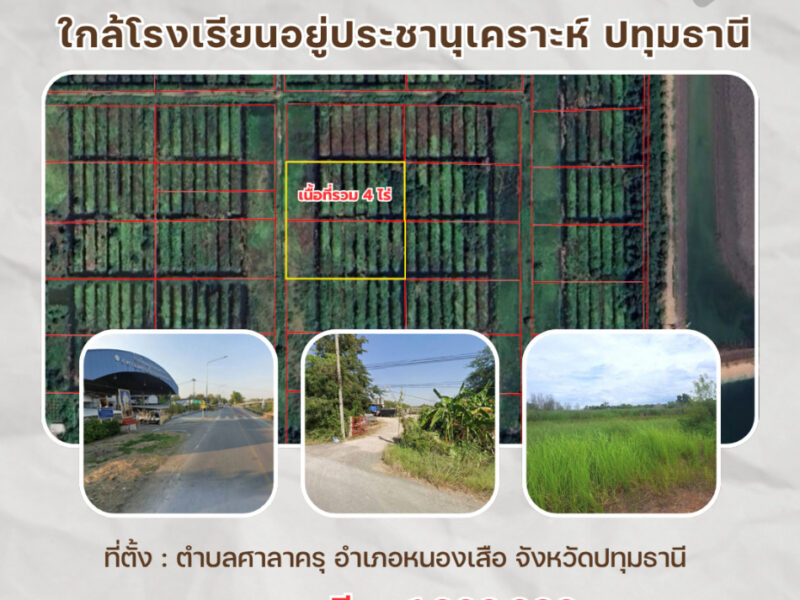 ขายที่ดินเปล่าเนื้อที่รวม 4 ไร่ ใกล้โรงเรียนอยู่ประชานุเคราะห์ หนองเสือ ปทุมธานี ราคาถูกมาก