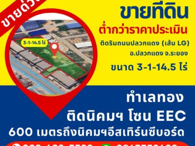 ขายด่วน ขายที่ดินต่ำกว่าราคาประเมิน ที่ดินติดริมถนนปลวกแดง เส้นLG