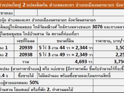 ขายที่ดินเปล่าแปลงใหญ่ 2 แปลงติดกัน ตำบลดงละคร อำเภอเมืองนครนายก จังหวัดนครนายก