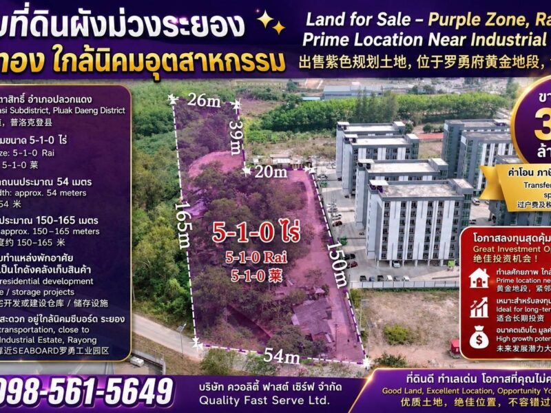 ขายที่ดินปลวกแดงระยอง ทำเลทองใกล้นิคมอุตสาหกรรม ผังม่วงลาย