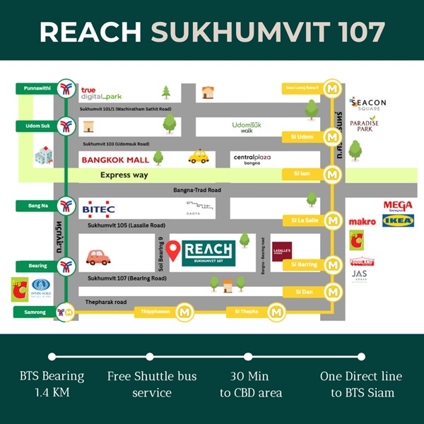 Your Affordable Urban Escape Awaits, Reach Sukhumvit 107 – just 1.4 km from BTS Bearing
