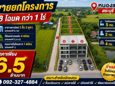 ขายเหมาโครงการ! อาคารพาณิชย์พร้อมที่ดินจัดสรรแบ่งล็อก 8 โฉนด เนื้อที่ 1 ไร่ 3 งาน 25 ตร.ว.