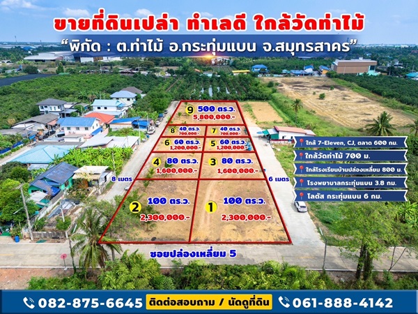 ขายที่ดิน ใกล้วัดท่าไม้ เริ่ม 700,000 ต่อรองได้ อ.กระทุ่มแบน สมุทรสาคร ทำเลชุมชน เข้าออกสะดวก โทร 082-8756645
