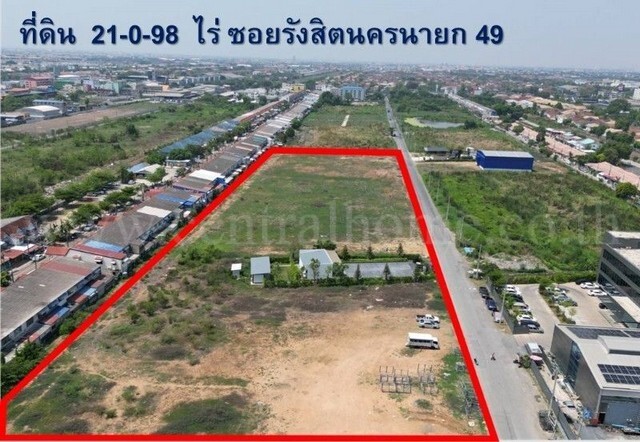 ที่ดิน 21-0-98 ไร่ ซอย รังสิต-นครนายก 49 ทำเลดีมาก รูปแปลงสี่เหลี่ยม หน้ากว้าง 424 เมตร