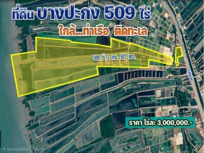 ขายด่วน ที่ดินบางปะกง แปลงใหญ่ 508 ไร่ ติดทะเล.ติด ถ.สุขุมวิท ต.บางปะกง อ.บางปะกง จ.ฉะเชิงเทรา