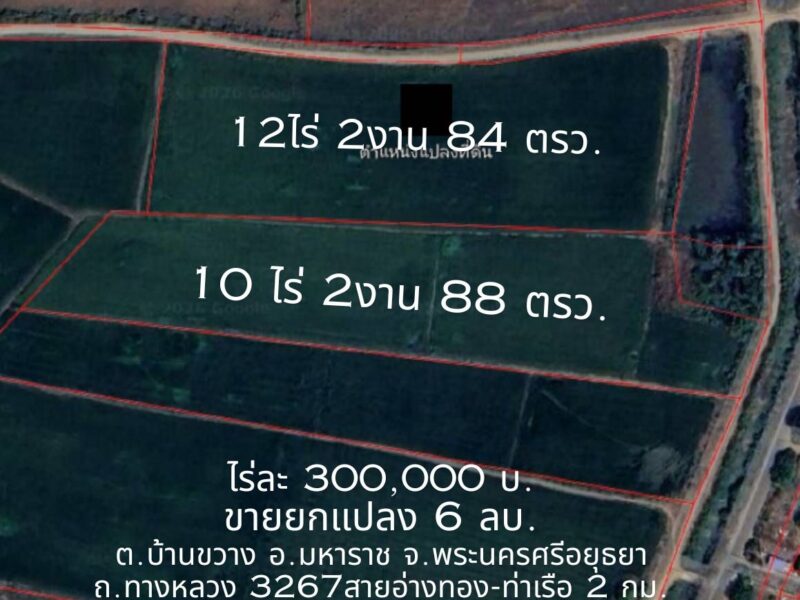 Vาย ที่ดิน 24 ไร่ จ. พระนครศรีอยุธยา ไร่ละ 300,000 บ. ต. บ้านขวาง ต. น้ำเต้า อ. มหาราช (ใกล้ แยกเจ้าปลุก ,ถ.ทางหลวง 3267 อ่างทอง - ท่าเรือ)