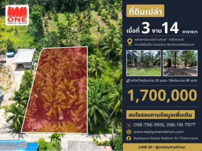 ที่ดินเปล่า เนื้อที่ 3 งาน 14 ตารางวา หลังสถานีอนามัยบ้านทุ่งแย้