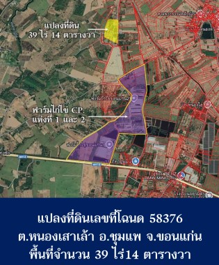 ลดราคา ต้องการขายด่วน!! ที่ดินเปล่า ต.หนองเสาเล้า อ.ชุมแพ ขอนแก่น เนื้อที่ 39 ไร่ 0 งาน 14.0 ตารางวา ไร่ละ180,000 บ./ไร่ (ขายพร้อมต้นพยุงที่ปลูกเอาไว้)