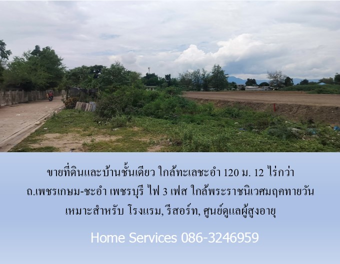 ขายที่ดินและบ้านชั้นเดียว ใกล้ทะเลชะอำ 120 ม. 12 ไร่กว่า ถ.เพชรเกษม-ชะอำ เพชรบุรี ไฟ 3 เฟส ใกล้พระราชนิเวศมฤคทายวัน เหมาะสำหรับ โรงแรม, รีสอร์ท, ศูนย์ดูแลผู้สูงอายุ