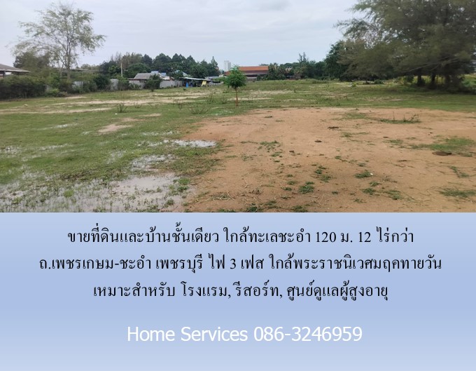 ขายที่ดินและบ้านชั้นเดียว ใกล้ทะเลชะอำ 120 ม. 12 ไร่กว่า ถ.เพชรเกษม-ชะอำ เพชรบุรี ไฟ 3 เฟส ใกล้พระราชนิเวศมฤคทายวัน เหมาะสำหรับ โรงแรม, รีสอร์ท, ศูนย์ดูแลผู้สูงอายุ
