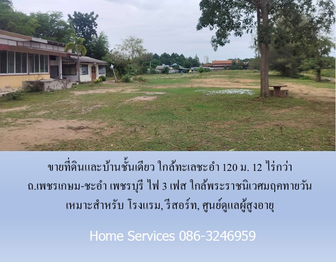 ขายที่ดินและบ้านชั้นเดียว ใกล้ทะเลชะอำ 120 ม. 12 ไร่กว่า ถ.เพชรเกษม-ชะอำ เพชรบุรี ไฟ 3 เฟส ใกล้พระราชนิเวศมฤคทายวัน เหมาะสำหรับ โรงแรม, รีสอร์ท, ศูนย์ดูแลผู้สูงอายุ