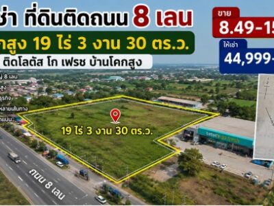 ที่ดินติดถนน 8 เลน บ้านโคกสูง 19 ไร่ 3 งาน 30 ตร.ว.ติดโลตัส โก เฟรช บ้านโคกสูง ขาย-ให้เช่า 44,999-49,999B-M ใกล้ตลาดบ้านโคกสูง เหมาะทำธุรกิจ