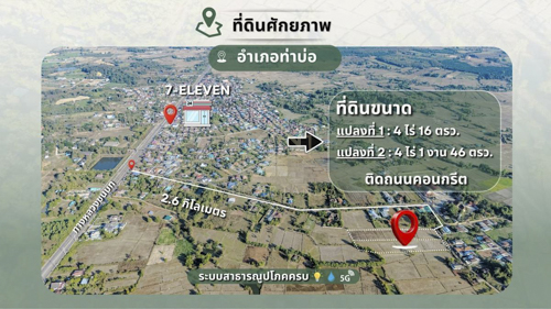 BHL1348 ขายที่ดิน 2 แปลงติดกัน รวมกว่า 8 ไร่ ติดถนนคอนกรีต อ.ท่าบ่อ จ.หนองคาย ใกล้ชุมชน