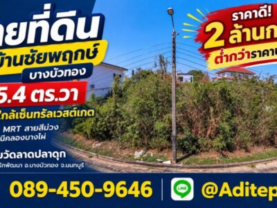 ขายต่ำกว่าราคาประเมิน ที่ดินปลูกบ้าน 125 ตร.วา หมู่บ้านชัยพฤกษ์ บางบัวทอง รปภ. 24 ชม. ในซอยวัดลาดปลาดุก ถนนกาญจนาภิเษก ใกล้ MRT สายสีม่วง