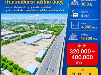 260915bjpurinos ให้เช่า ที่ดิน ตลาดมีนบุรี 2.2 กม. ที่ดินเทคอนกรีตแล้ว โกดัง 10.8ไร่ โรงงาน มี รง.4 16,800 ตร.ม. ถนนรามอินทรา เสรีไทย