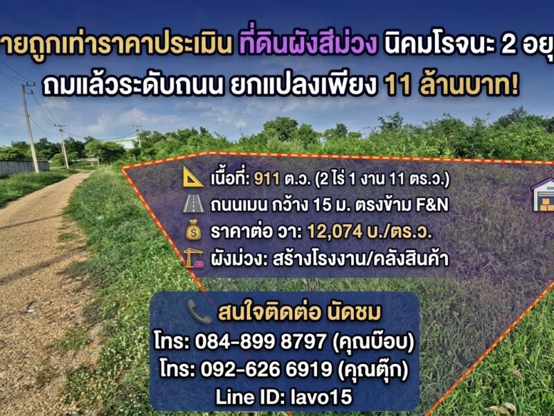#ขายถูกเท่าราคาประเมิน ที่ดินผังสีม่วง 911 ตร.ว. นิคมโรจนะ 2 อยุธยา✨ ถมแล้วระดับถนน ยกแปลงเพียง 11 ล้านบาท