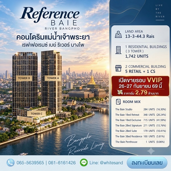 ด่วน! คอนโดหรู ริมแม่น้ำเจ้าพระยา Reference BAIE River Bangpho เปิดสิทธิ์รอบ VVIP 26–27 ก.ย.69 นี้ โทร 0655639565
