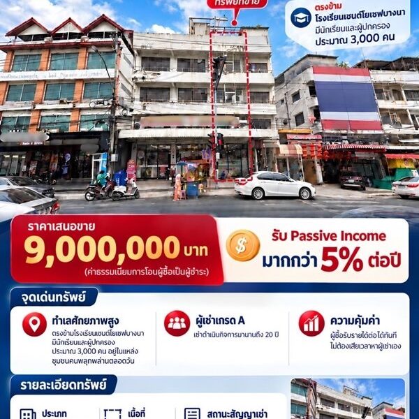 ขายด่วน! อาคารพาณิชย์ 3.5 ชั้น พร้อมผู้เช่า ทำเลทองแบริ่ง ตรงข้าม รร.เซนต์โยเซฟ โทร 092-830-9541