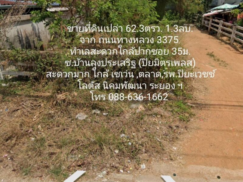 ที่ดิน ใกล้ปากซอย 35ม. ซ. บ้านลุงประเสริฐ (ปิยมิตรเพลส) นิคมพัฒนา ระยอง