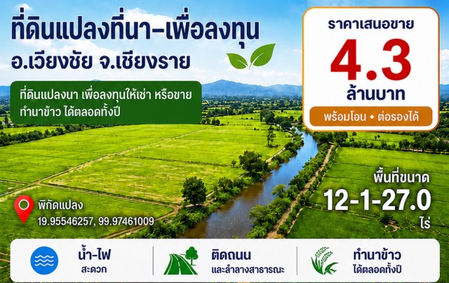 ขายที่ดินที่นา 12-1-27ไร่ 4.3ลบ. ติดถนน ลำคลอง ทำนาได้ทั้งปี เหมาะลงทุนขายหรือให้เช่า ใกล้วัดเวียงเชียงรุ้ง ต.เวียงเหนือ อ.เวียงชัย เชียงราย