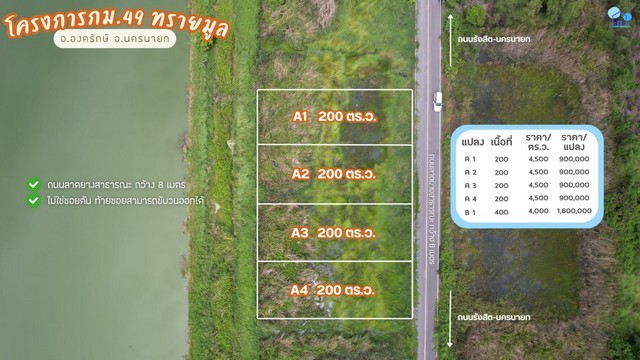ขายที่ดิน กม.49 ทรายมูล องครักษ์ แปลง A4 200 ตร.ว. ติดถนนลาดยางสาธารณะ ราคา 900000 บาท