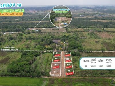 ขายที่ดินคลอง 10 ซอยคุณหญิง เฟส 1 แปลง #2 104.1 ตร.ว. ถนนสาธารณะเข้าซอยเพียง 950 ม. ใกล้ถนนเลียบคลอง 10 ราคา 614190 บาท