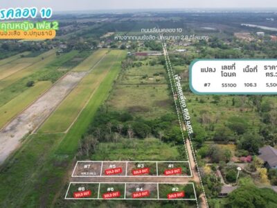 ขายที่ดินคลอง 10 ซอยคุณหญิง เฟส 3 แปลง A 980 ตร.ว. ติดแนวคลองแอลและถนนคอนกรีตสาธารณะ ราคา 3430000 บาท