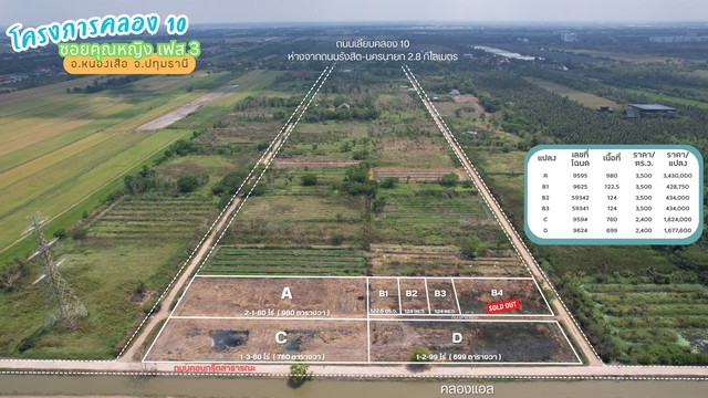 ขายที่ดินคลอง 10 ซอยคุณหญิง เฟส 3 แปลง A 980 ตร.ว. ติดแนวคลองแอลและถนนคอนกรีตสาธารณะ ราคา 3430000 บาท