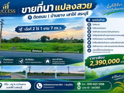 ขายที่นาแปลงสวย ติดถนน 2 ไร่ 1 งาน 7 ตร.ว. บ้านยาง เสาไห้ สระบุรี
