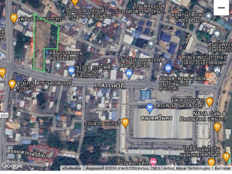 ขายที่ดินโฉนด ติดถนน สวรรค์วิถี เยื้อตลาดศรีนคร 3ไร่ 3งาน 79.8 ตารางวา